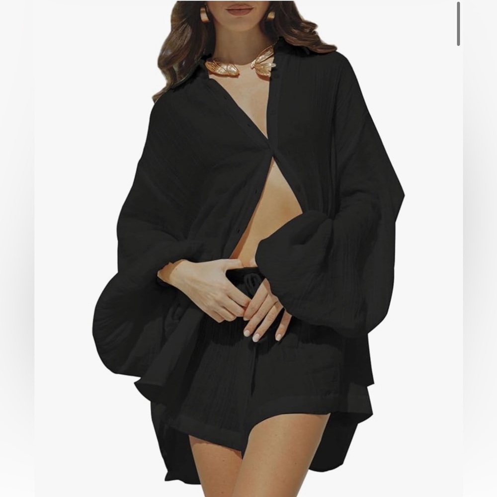 Black Button-Up Shirt and Shorts Set